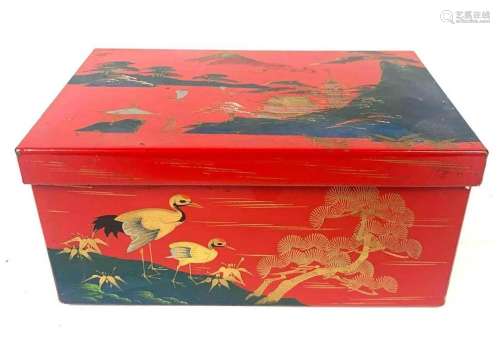 Japanese Red Box with Lid Decorated w/ a Landscape