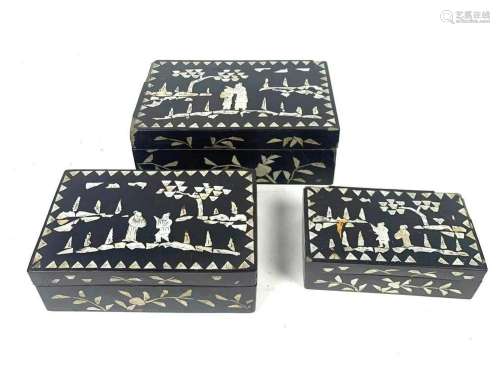 3 Chinese Black Lacquered Boxes