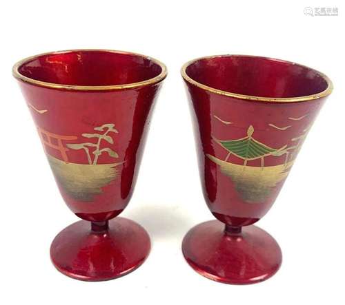 Red Lacquered Small Cups with Stems and Landscape