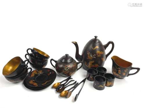 Dragon Black & Gold Lacquered Paper Mache Tea Set