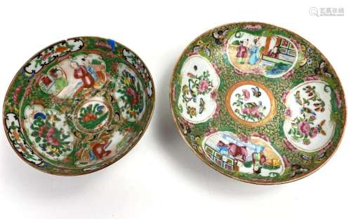 2 Matching Chinese Green Famille Bowls