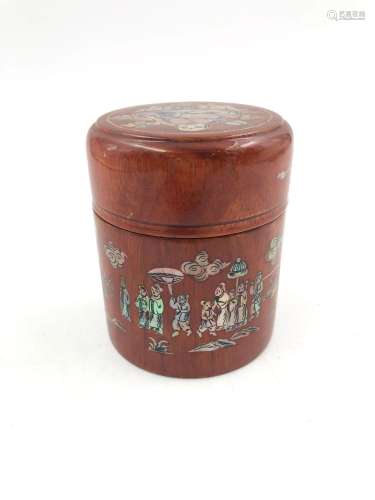 Wooden Lidded Jar With Albalone Shell Motifs