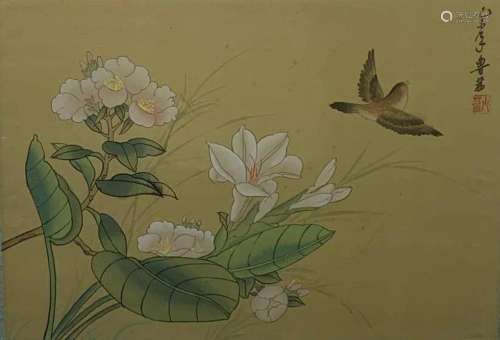 Wood Block Print of Flowers and a Brown Bird