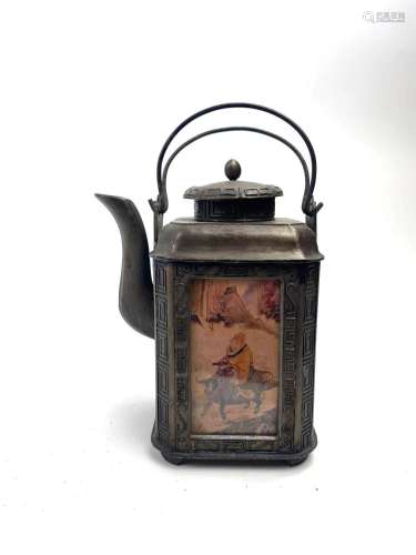 Metal Asian Teapot with Glass Paintings