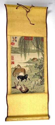Asian Fabric Wall Scroll with Horses