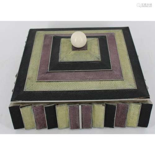 Art Deco Silvered Metal / Shagreen Box With Wood