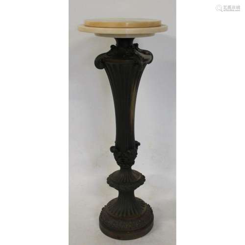 An Antique Fluted Bronze Pedestal With Marble Top
