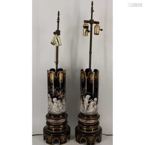 A Pair Of Bohemian Enameled Glass Lamps By Ahne