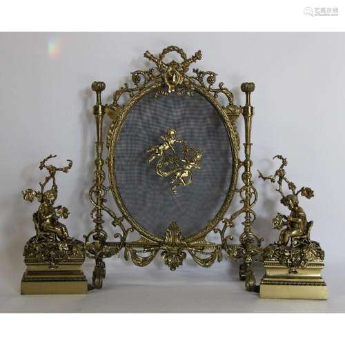 Antique Brass Fire Screen & Figural Chenets.