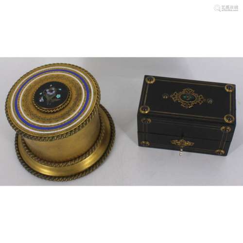 Antique Gilt Bronze Round Box Together With A