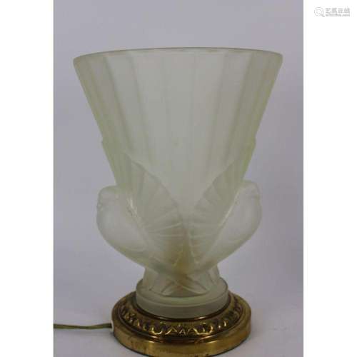 Art Deco Lalique Style Glass Lamp With Doves.