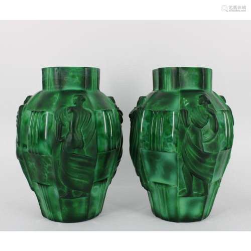 An Art Deco Pair Of Malachite Style Figural Vases