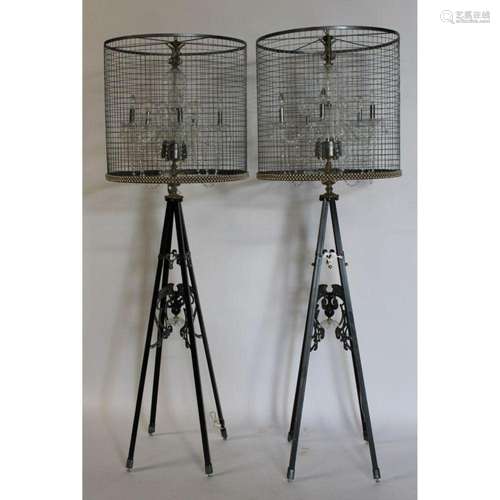 A Vintage Pair Of Caged Chandeliers On Tripod