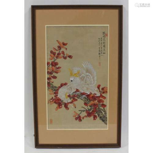 Signed Contemporary Asian Painting of Parrots.