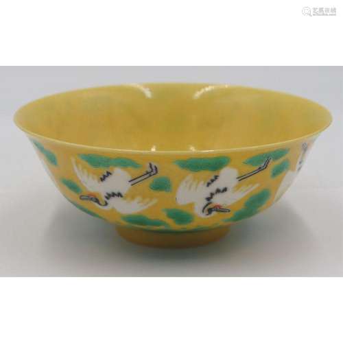 Chinese Green and Yellow Enameled Crane Bowl.