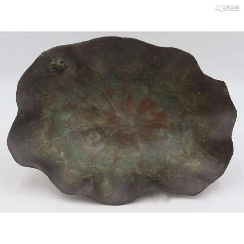 Asian Patinated Bronze Lily Pad Bowl with Frog.