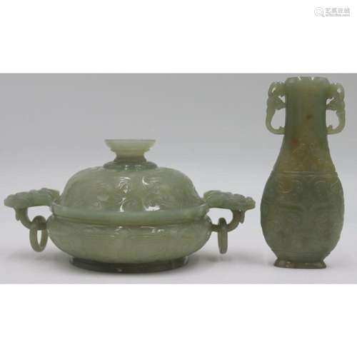 3 Pc. Chinese Incised Jade Altar Set.