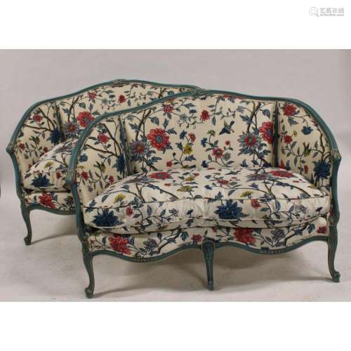 A Vintage Pair Of Carved, Painted & Upholstered