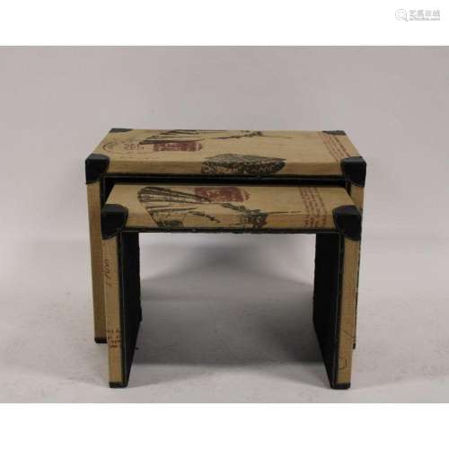 Linen Wrapped Nesting Tables With Print & Leather