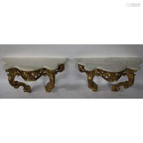 An Antique Pair Of Carved & Giltwood Marble Top