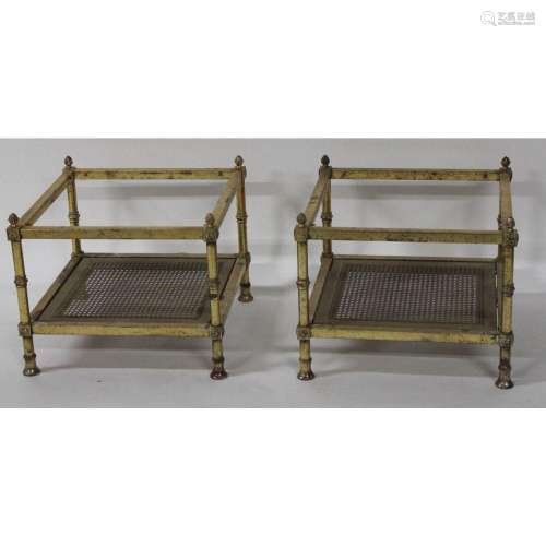 A Midcentury Pair Of Gilt Metal Caned & Glass Top