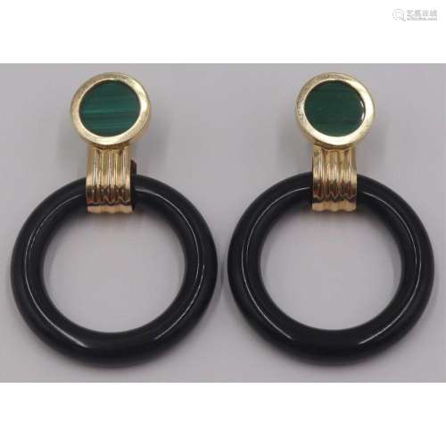 JEWELRY. Pair of 14kt Gold and Malachite Earrings.