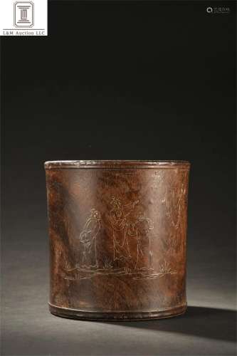 A Chinese Zitan Wood Brush Pot with Figure