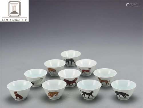 Set of Famille Rose Porcelain Cups with Dogs