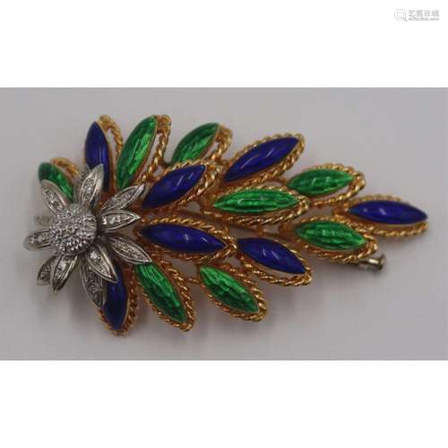 JEWELRY. 18kt Gold, Enamel, and Diamond Brooch.