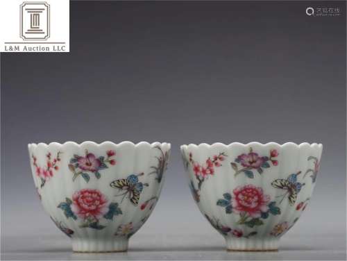 Pair of Famille Rose Porcelain Flower Cups
