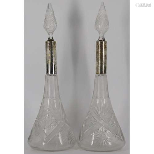 Pair of German .800 Silver Mounted Wine Decanters.