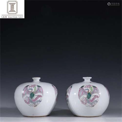 Pair of Famille Rose Porcelain Lidded Jars