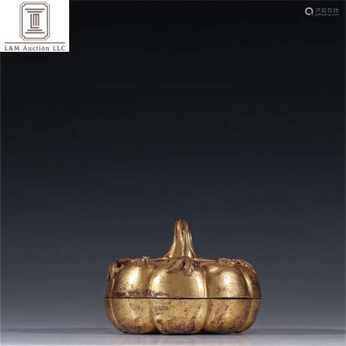 A Chinese Gilt Bronze Pumpkin Shaped Container with Lid