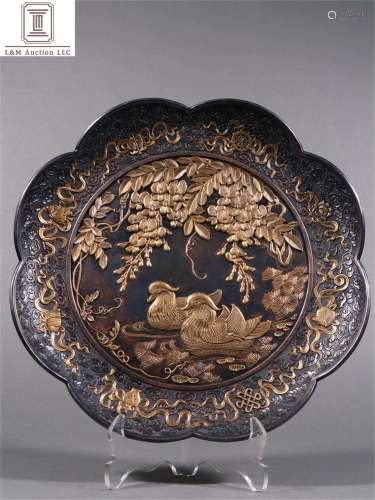 A Chinese Gilt Bronze Mandarin Duck Patterned Plate