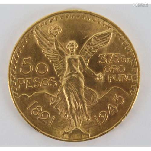 BULLION. 1945 50 Pesos Mexican Gold Coin.