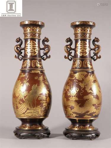 Pair of Gilt Bronze Dragon and Phoenix Vases