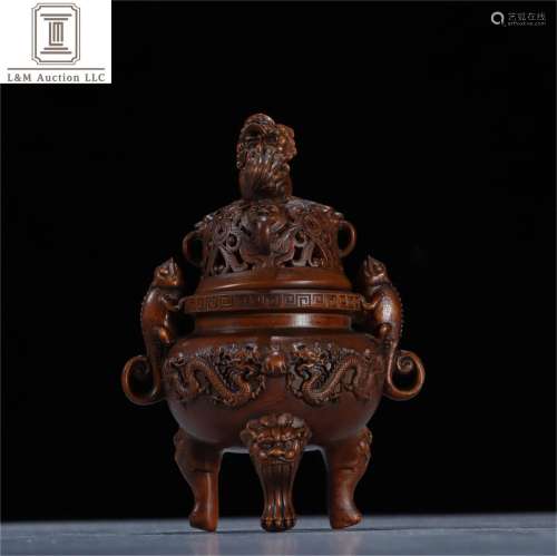 A Chinese Carved Boxwood Beast Incense Burner
