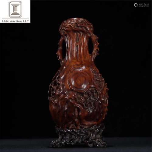 A Chinese Decorative Carved Rosewood Vase