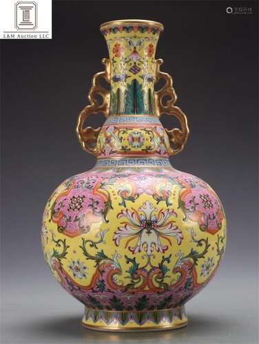 A Chinese Yellow Glazed Famille Rose Flower Vase