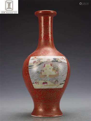 A Chinese Red Glazed Famille Rose Porcelain Vase