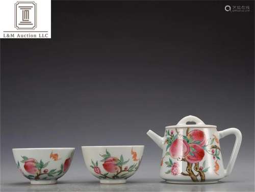 A Famille Rose Porcelain Peach Teapot with Cups