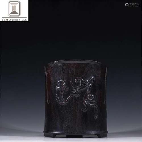 A Chinese Zitan Wood Dragon Brush Holder