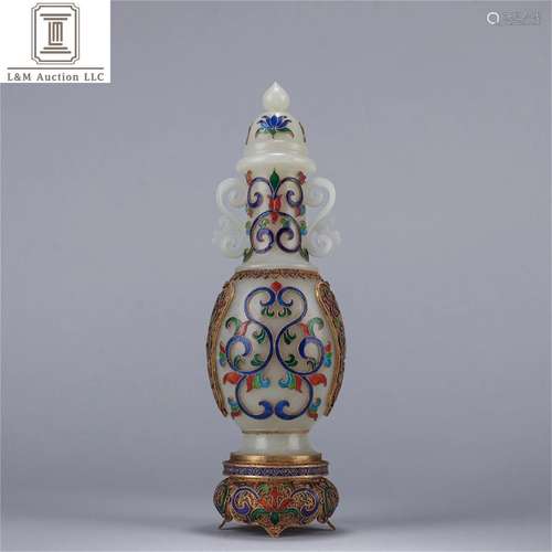 A Chinese Gilt Silver Vase with Jade Inlaid