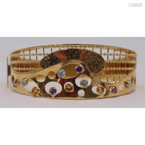 JEWELRY. 18kt Gold and Colored Gem Hinged Bracelet