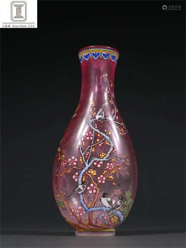 A Chinese Colored Glass Flower and Bird Vase
