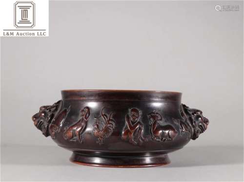 A Chinese Double Ear Bronze Censer with Zodiac