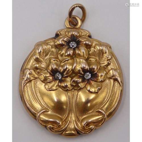 JEWELRY. Art Nouveau 14kt Gold and Diamond Locket