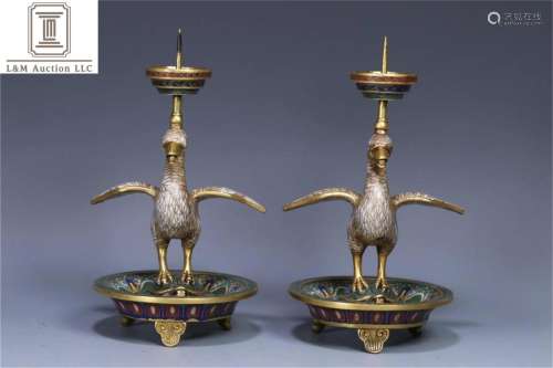 A Pair of Cloisonne Crane Patterned Candlesticks