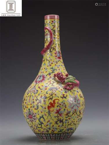 A Chinese Yellow Glazed Famille Rose Porcelain Vase