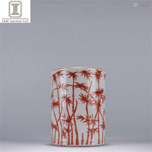 A Chinese Red Glazed Bamboo Patterned Brush Pot